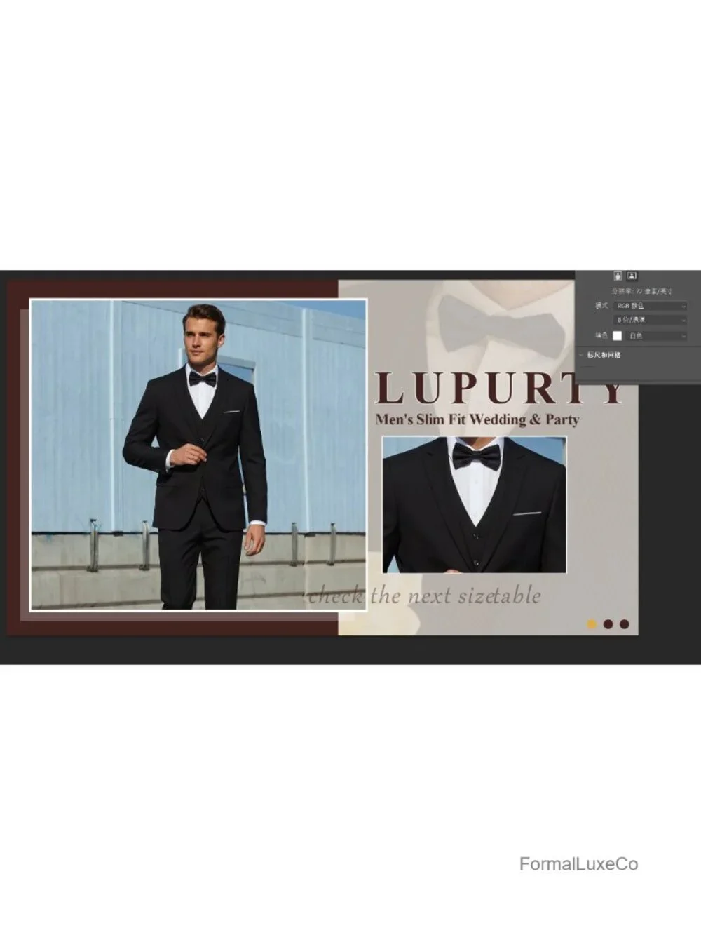Men's 3-Piece Slim Fit Tuxedo Suit with Bow Tie, One Button, Wrinkle Resistant